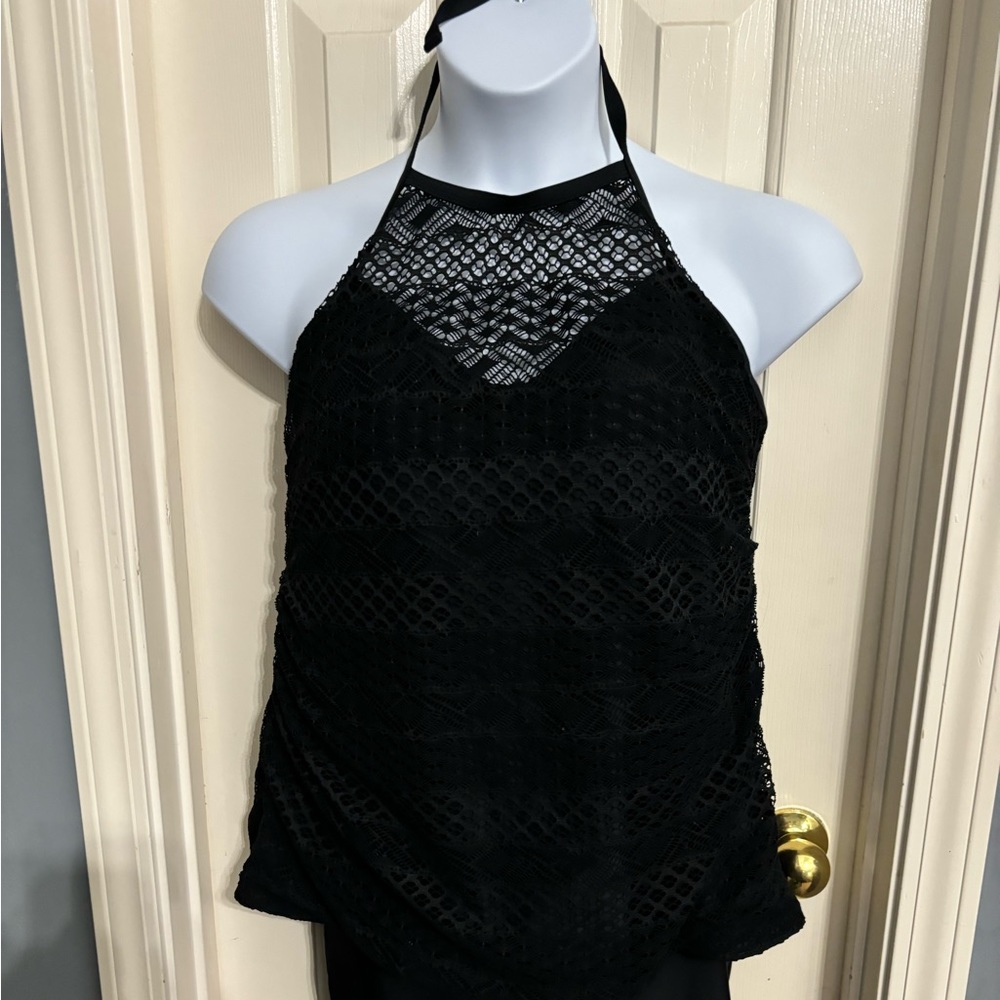 Island Escape.  Size 20 halter crochet black halter swim top